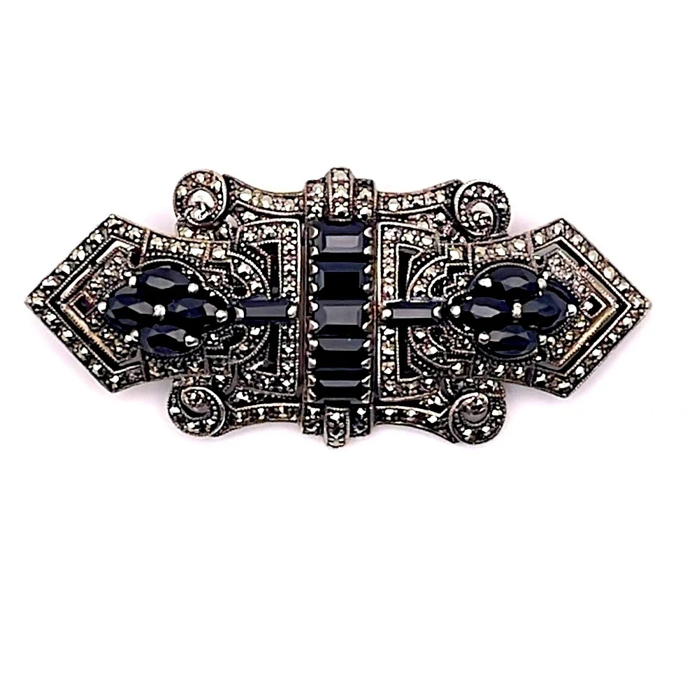 Vintage Art Deco Convertible Sterling Brooch Duette Dress Clip Set Black Crystal